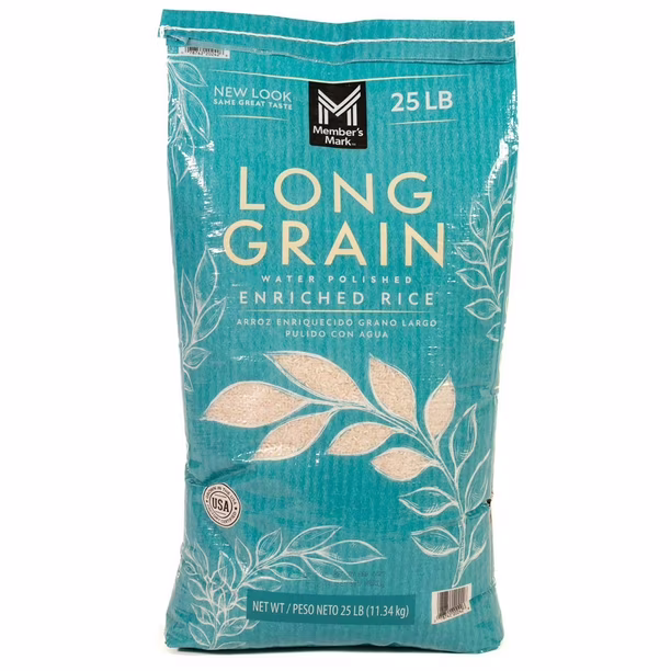 A 25 lb bag of Member’s Mark Long Grain Enriched Rice with a teal background, leaf design, and text in English and Spanish. The USDA logo is visible near the bottom left of the packaging.