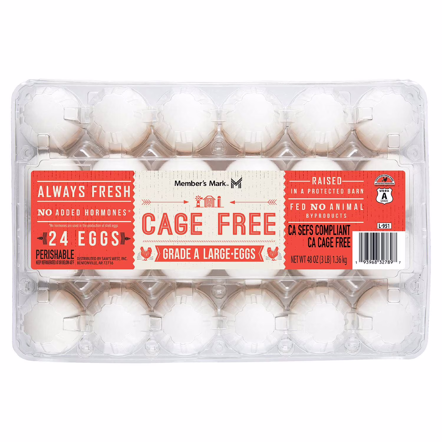 A clear plastic carton of 24 white eggs labeled “Cage Free Grade A Large Eggs.” The label highlights no added hormones, always fresh, and California compliance.