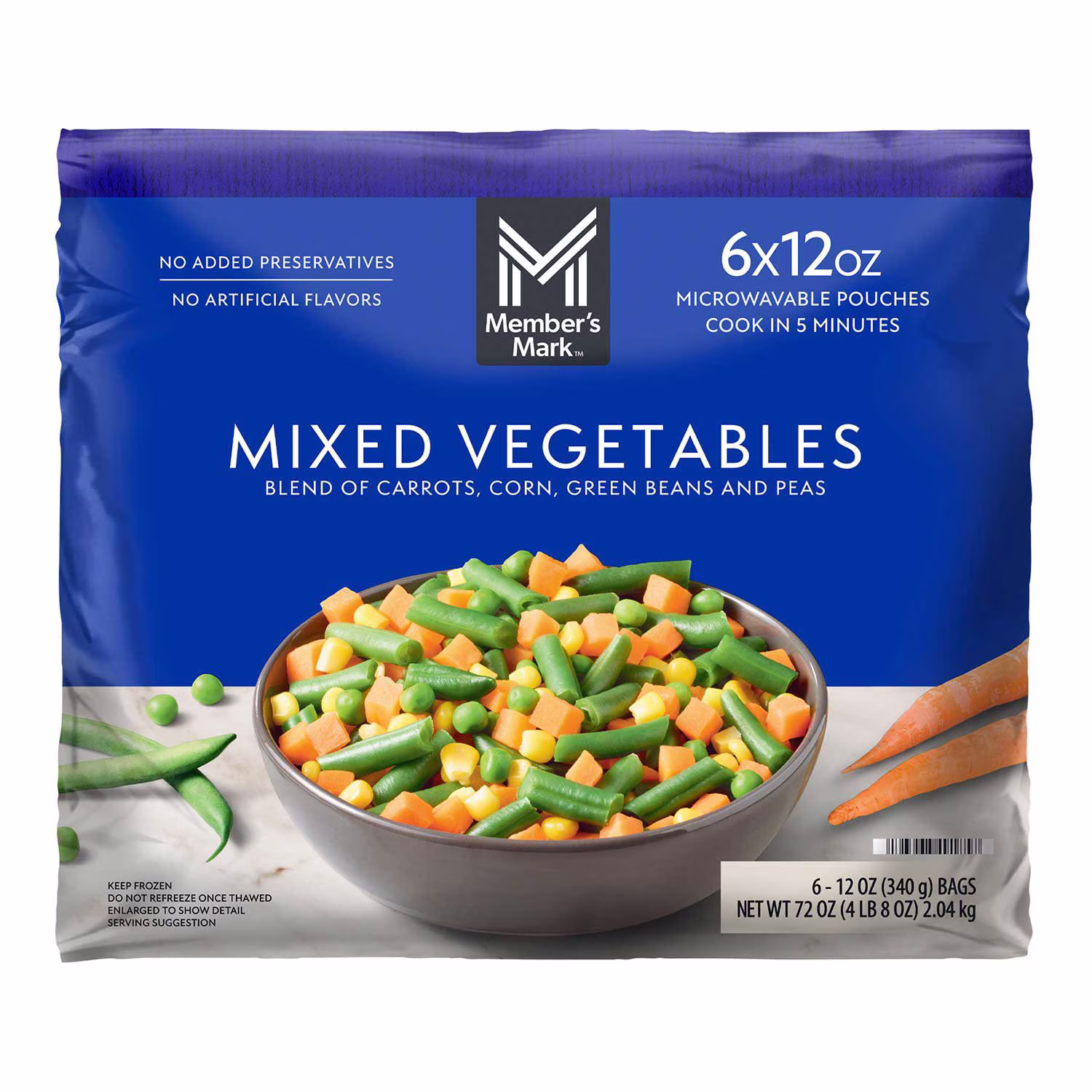 A blue bag of Member’s Mark Mixed Vegetables, featuring a bowl with carrots, corn, green beans, and peas. The packaging highlights 6 microwaveable 12oz bags and images of carrots and scattered veggies.