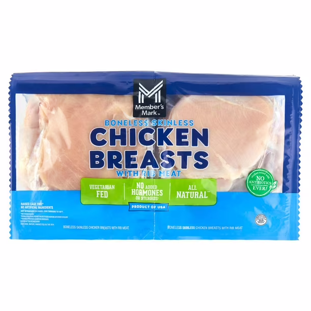 A package of Member’s Mark boneless, skinless chicken breasts. The blue packaging highlights that the chicken is all natural, vegetarian fed, with no hormones, steroids, or antibiotics ever.