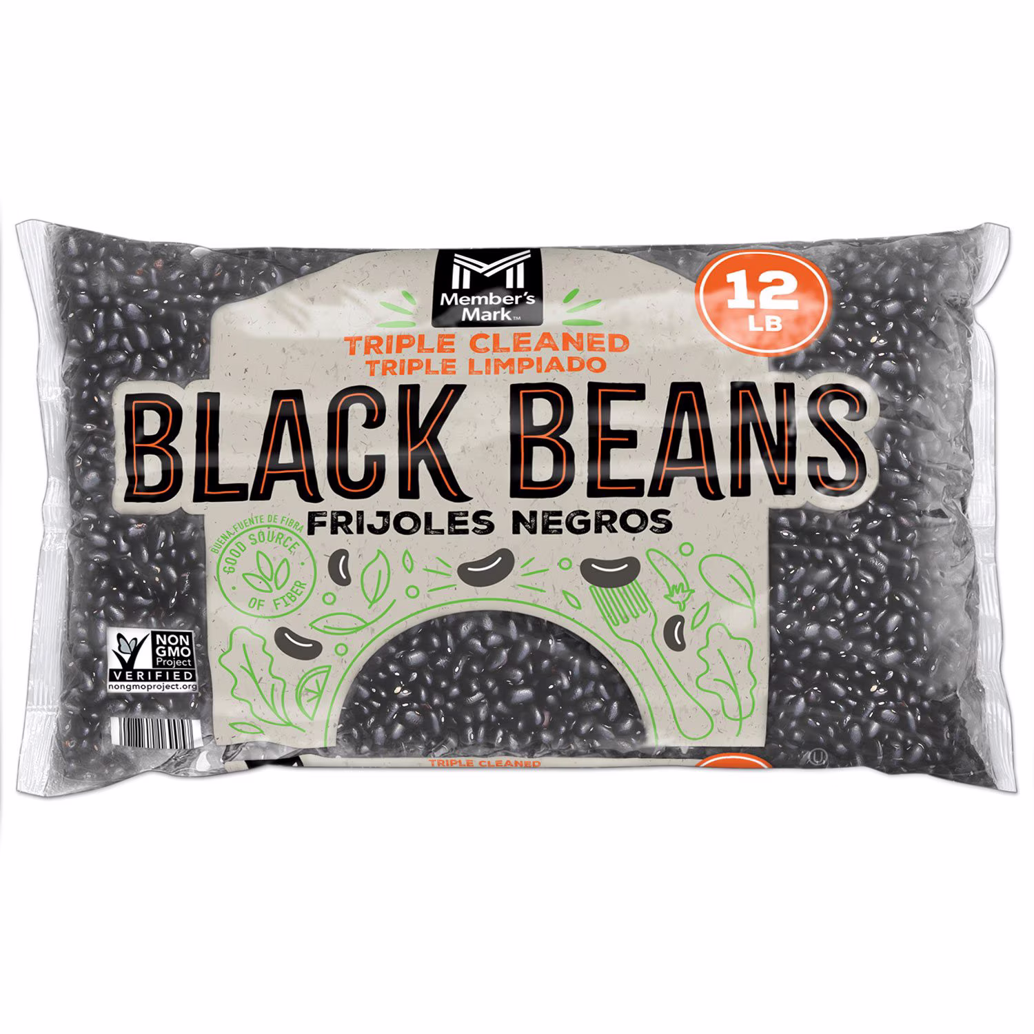 A 12 lb bag of Member’s Mark Black Beans (Frijoles Negros) with “Triple Cleaned” label. The package is clear, showing the beans inside, and includes Non-GMO and vegan symbols.