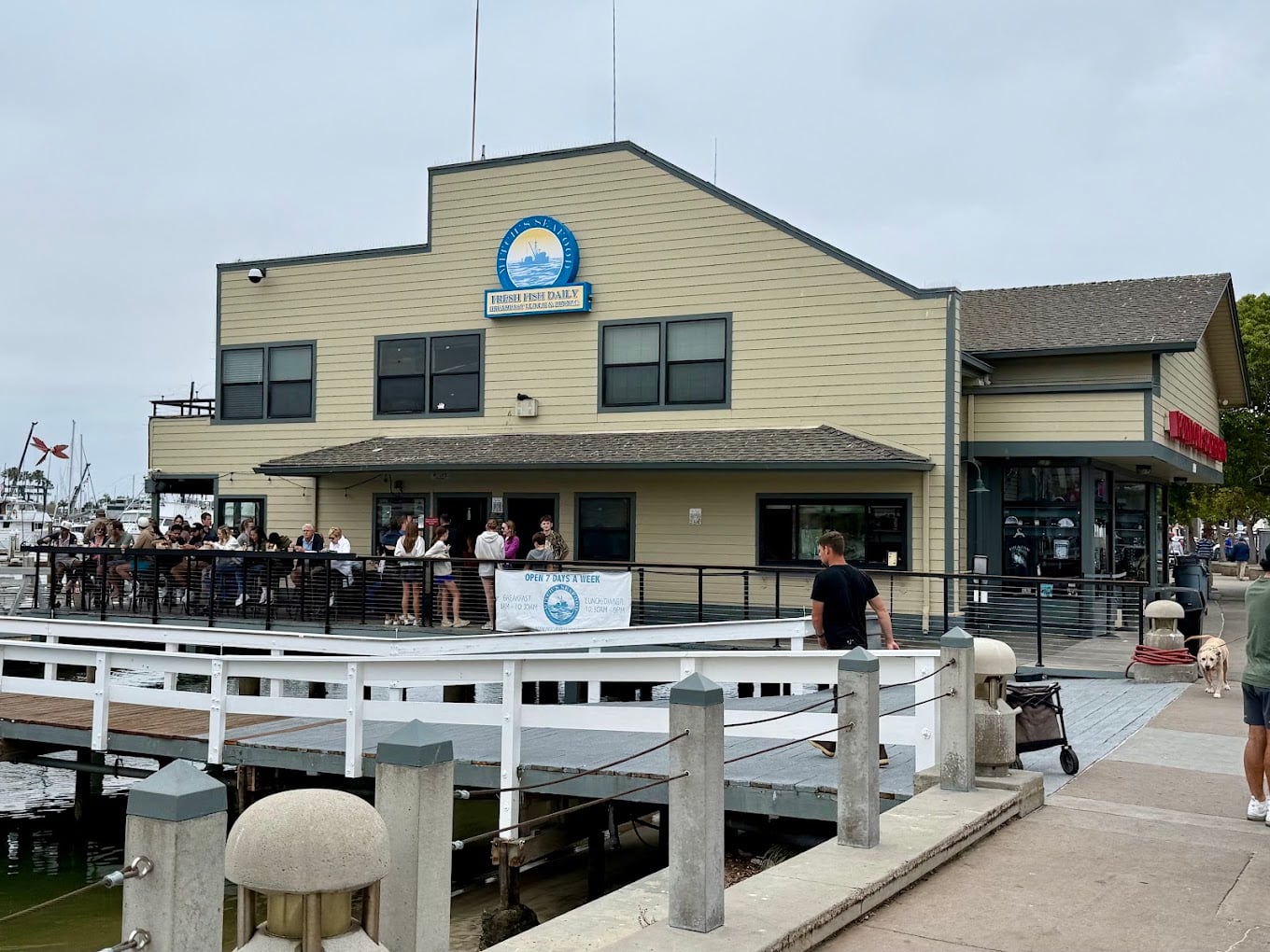 People wait in line outside a beige harbor-side building with blue trim, labeled “Fisherman’s Wharf.” A man walks on the dock in front, and there is water beneath the wooden walkway. The sky is overcast.