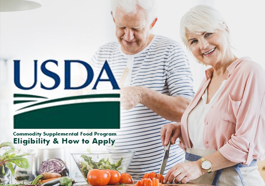 Smiling older adults preparing vegetables in a kitchen, with the USDA Commodity Supplemental Food Program logo and text about eligibility and how to apply. Free things for retirees.