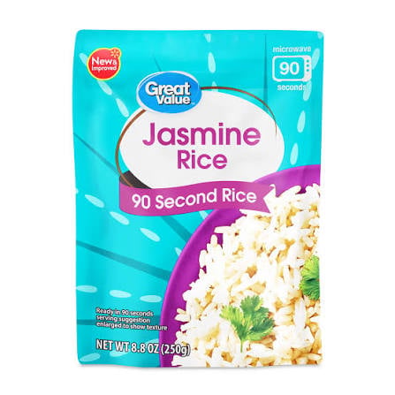 A blue pouch of Great Value Jasmine Rice, labeled “90 Second Rice.” The package shows cooked rice in a purple bowl with herbs and microwave directions at the top right. Net weight is 8.8 oz (250g). Cheap Walmart groceries.