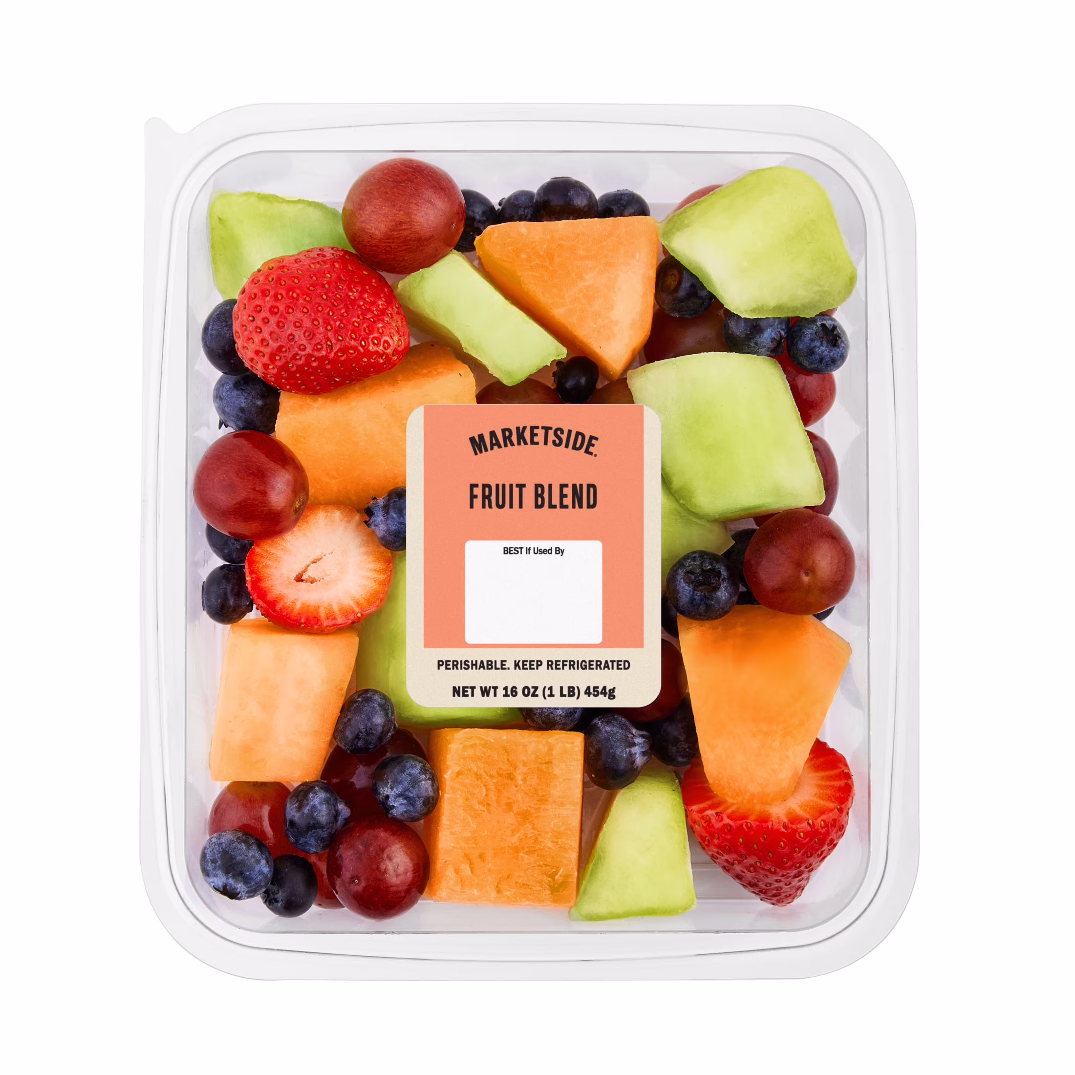 A clear plastic container of Marketside Fruit Blend with strawberries, grapes, cantaloupe, honeydew melon, and blueberries. The label is orange and white, listing weight and storage instructions.