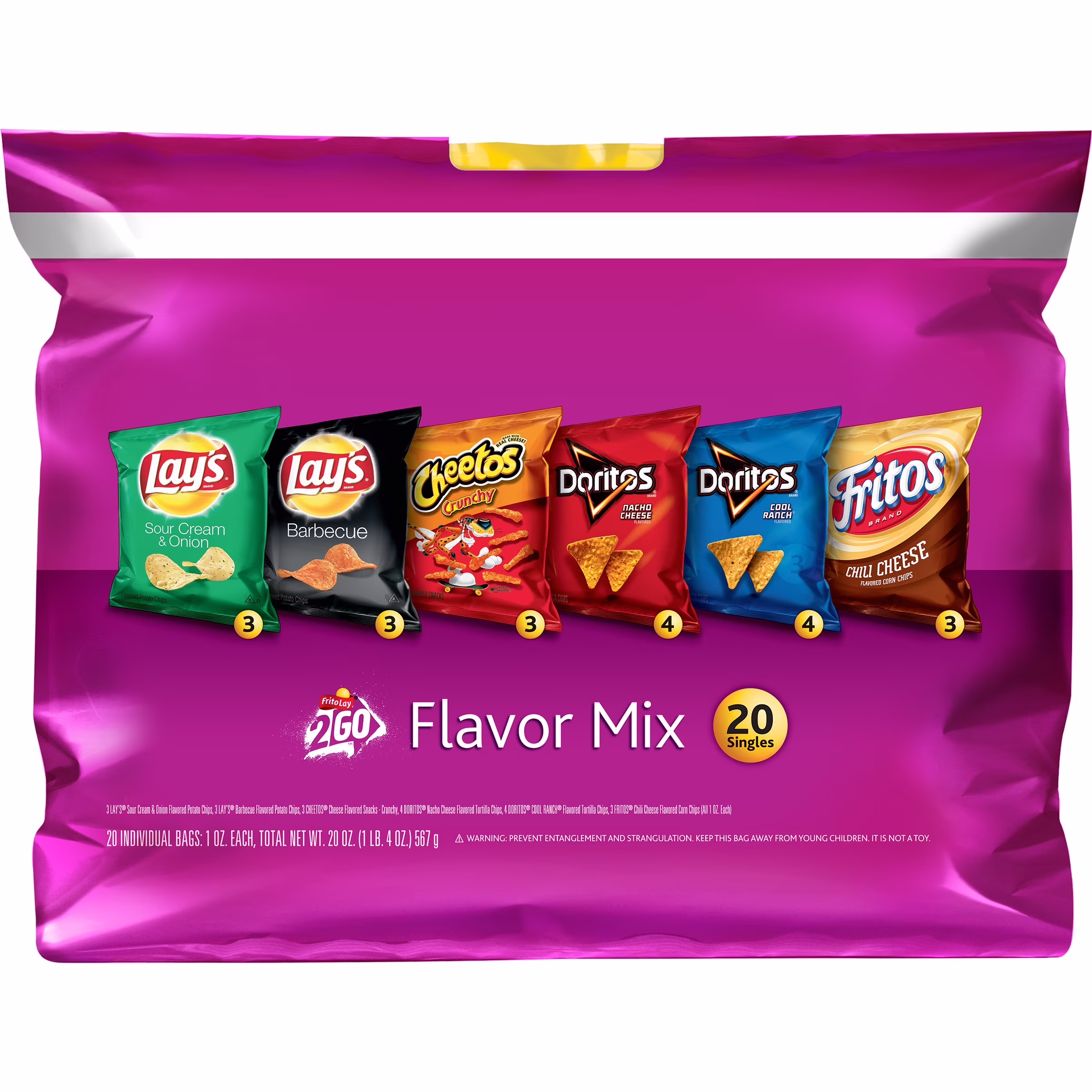 A bag of Lay’s Flavor Mix containing 20 single-serve chip bags, including Lay’s Sour Cream & Onion, Lay’s Barbecue, Cheetos Crunchy, Doritos Nacho Cheese, Doritos Cool Ranch, and Fritos Chili Cheese.