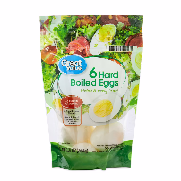 A package of Great Value 6 Hard Boiled Eggs, peeled and ready to eat, with sliced egg images on the packaging. Nutritional information and branding are visible on the front.