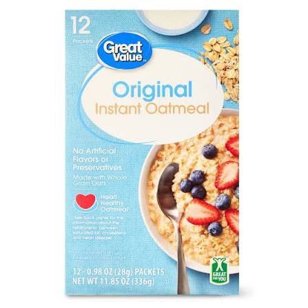 Box of Great Value Original Instant Oatmeal featuring a bowl of oatmeal topped with blueberries and strawberries. The front highlights heart health and contains 12 packets with no artificial flavors or preservatives.