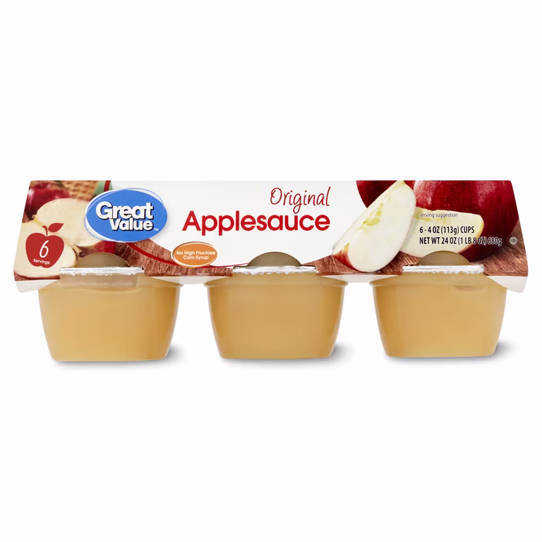 A six-pack of Great Value Original Applesauce cups, each 4 oz, with packaging showing apples and applesauce on the label.