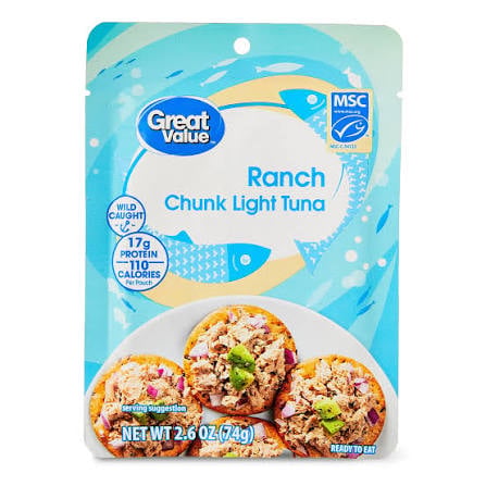 A pouch of Great Value Ranch Chunk Light Tuna, displaying tuna on crackers. The package highlights 17g protein, 110 calories, and MSC certification. Net weight is 2.6 oz (74g).
