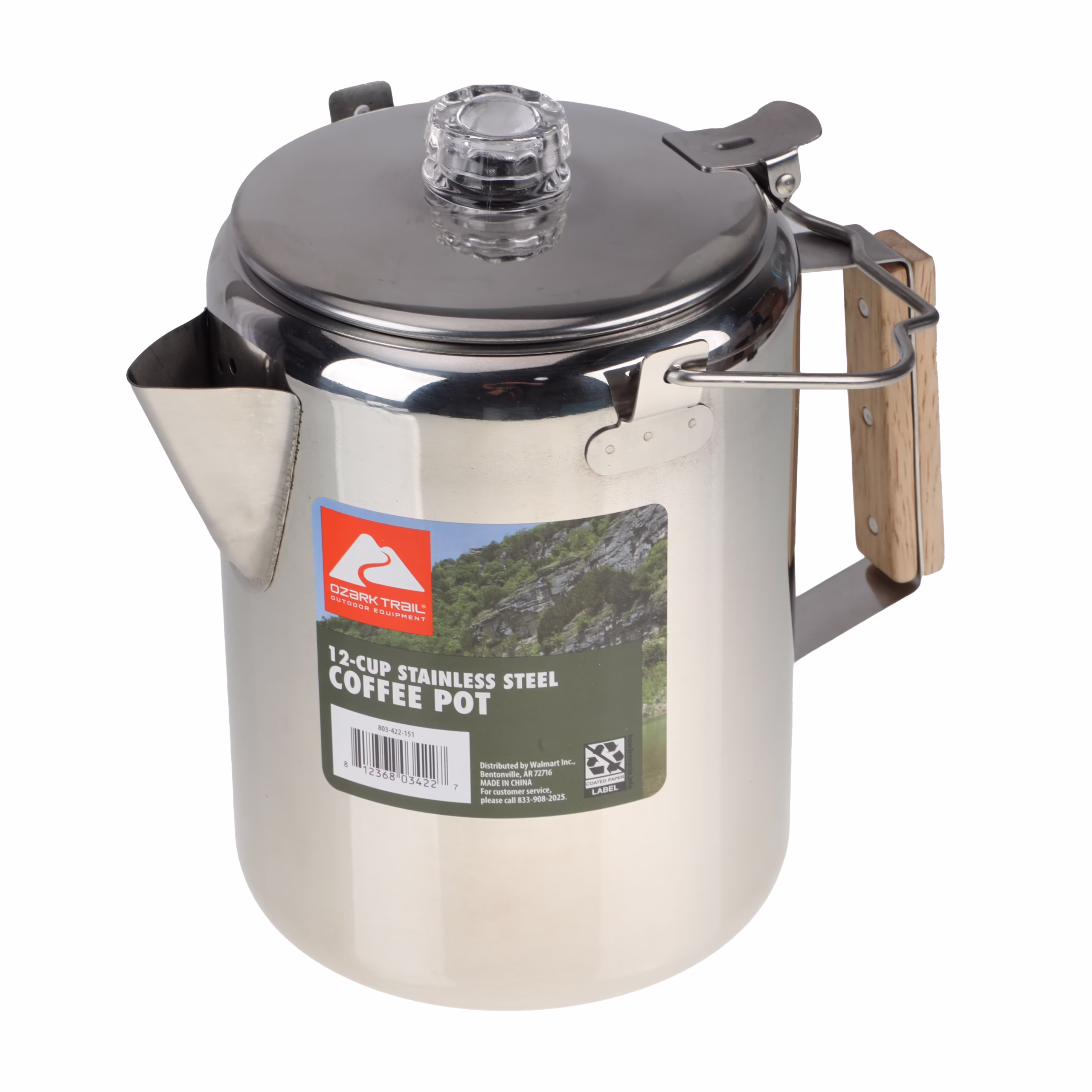 A stainless steel 12-cup coffee pot with a wooden handle and a glass knob on the lid. The label reads “COGHLAN’S 12-CUP STAINLESS STEEL COFFEE POT” and shows a mountain landscape image.