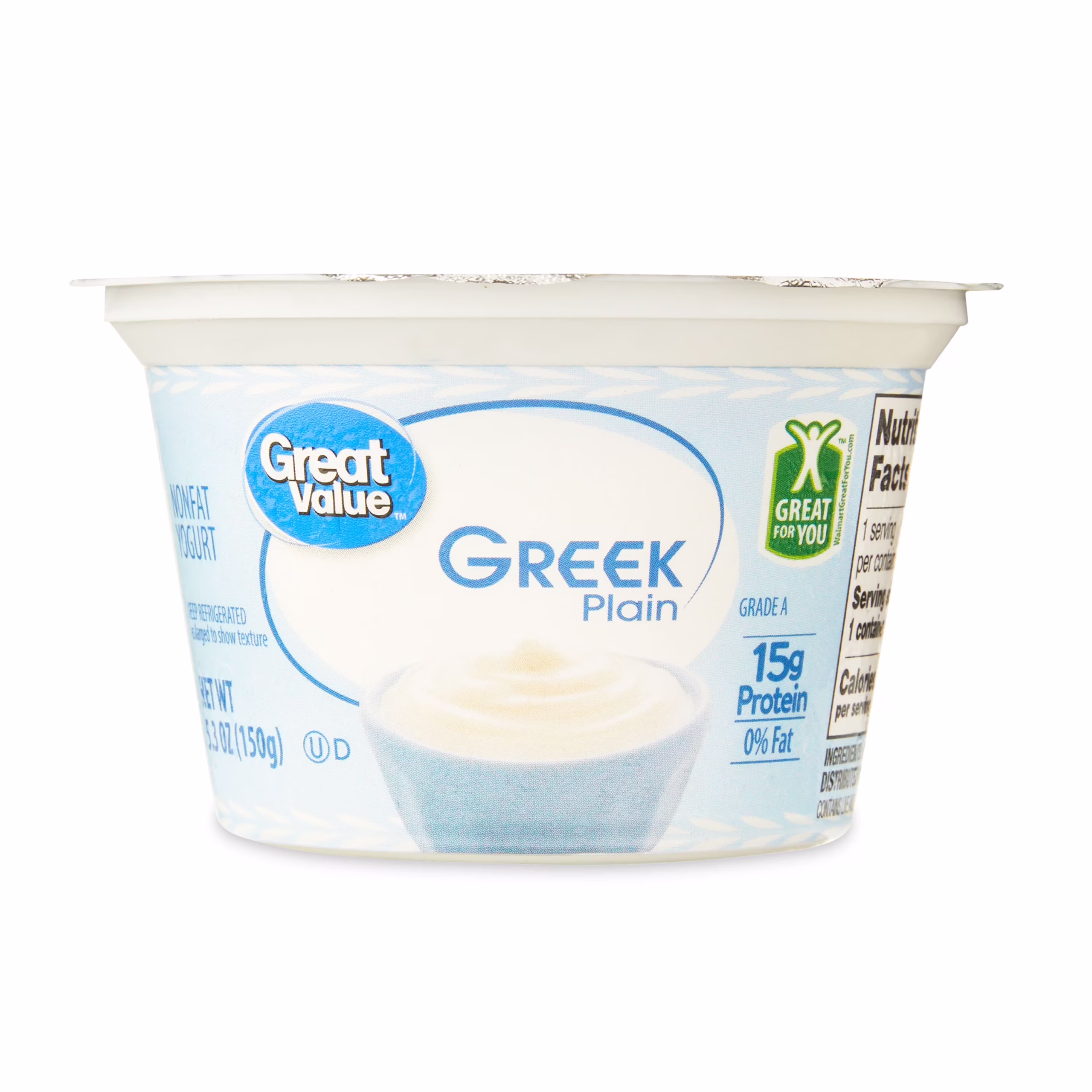 A container of Great Value Greek Plain nonfat yogurt, showing 0% fat, 15g protein, and 150g size. The label is white and blue with an image of a bowl of yogurt.