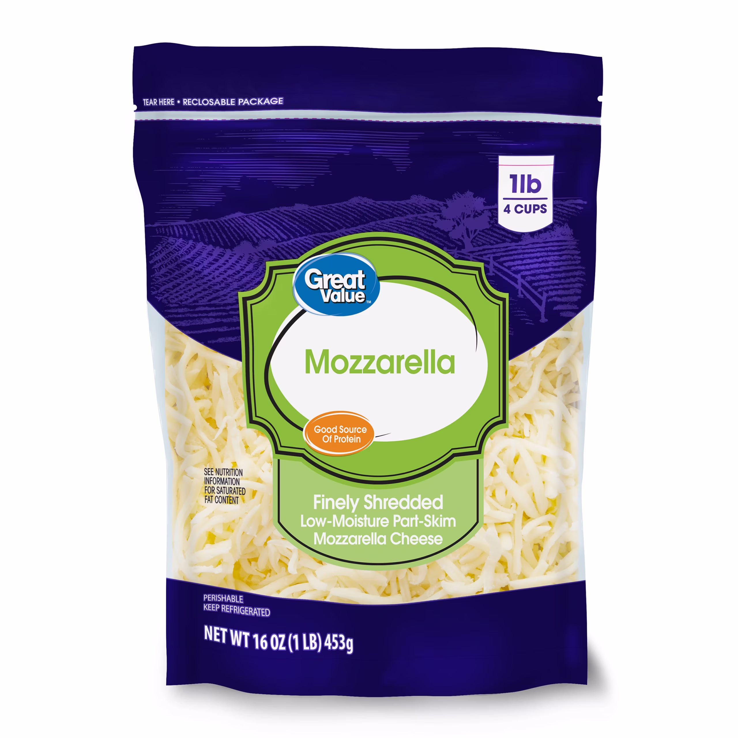 A 16 oz resealable bag of Great Value finely shredded low-moisture part-skim mozzarella cheese, labeled as a good source of protein, with a blue and yellow design.