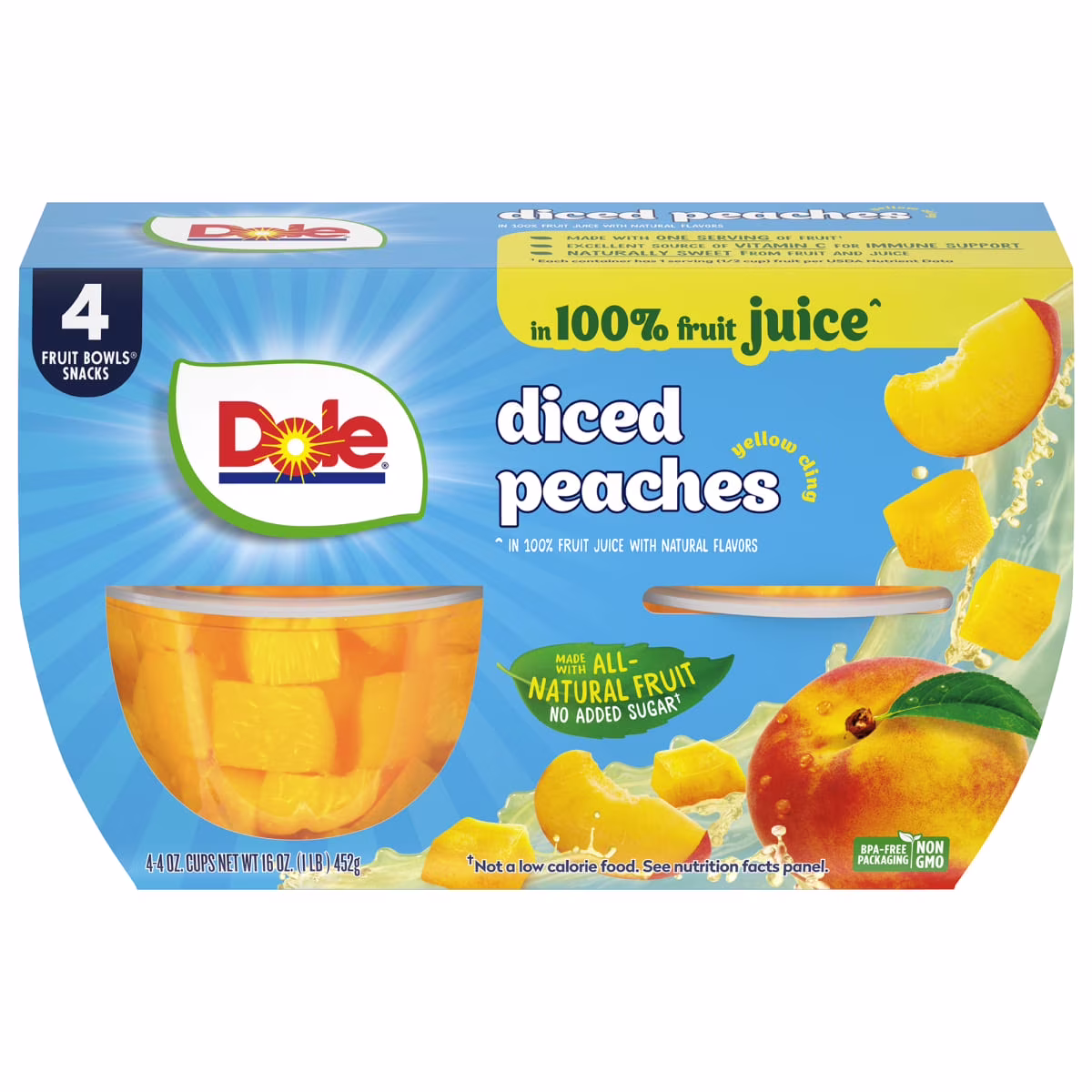 A box of Dole diced peaches in 100% fruit juice. The packaging is blue and yellow with images of peach slices and a peach. The box contains four fruit bowls. Text highlights no added sugar and non-GMO.
