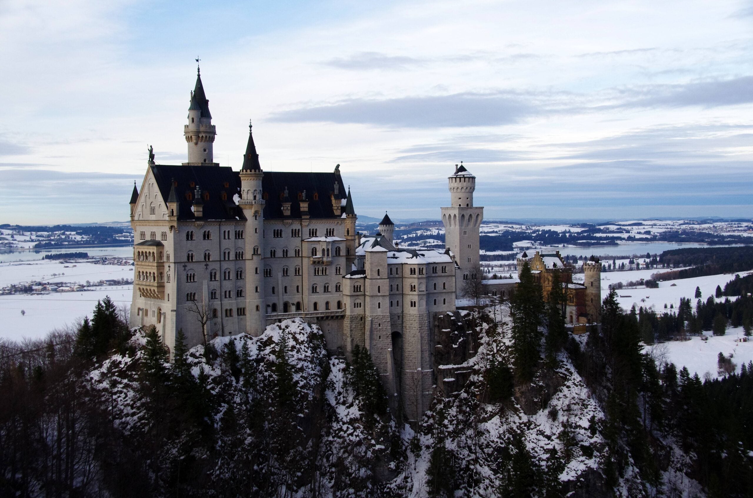 A large, ornate castle with tall towers sits atop a rocky hill, surrounded by snowy pine trees and a wintry landscape under a cloudy sky.