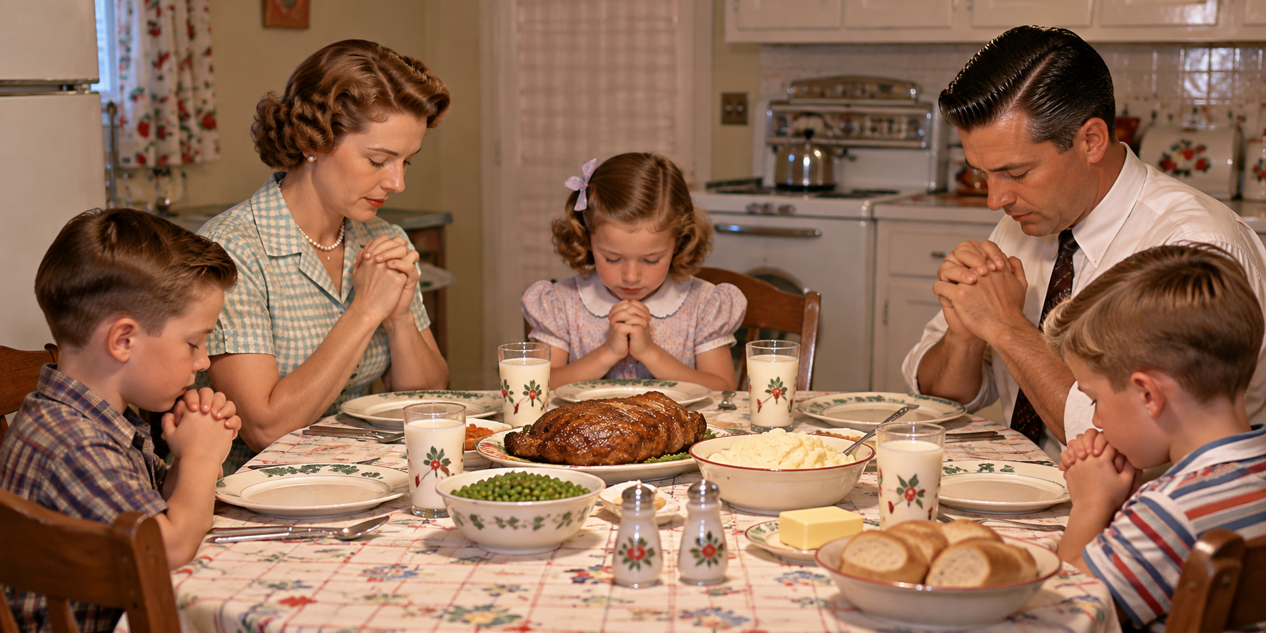A family of five sitting around a dinner table with their hands clasped in prayer before a meal.