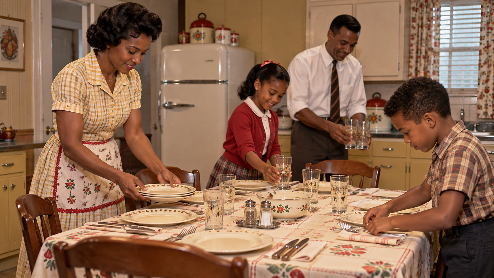 A family of four sets a dinner table with patterned dishes in a vintage-style kitchen.