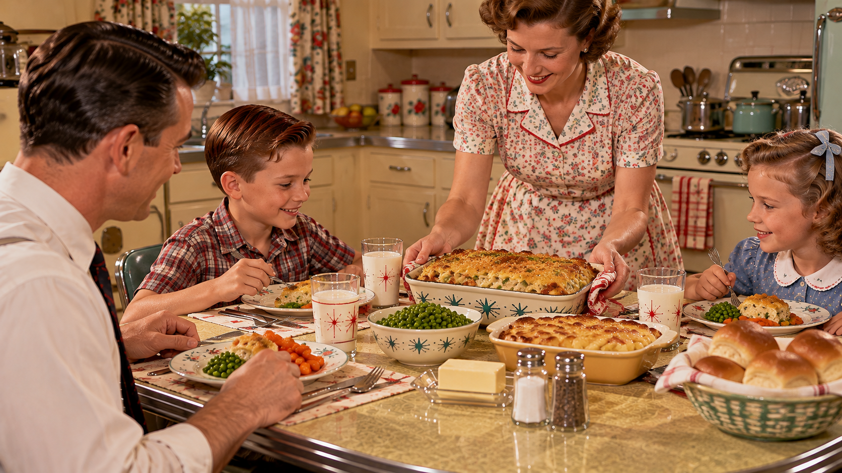 A 1950s-style family sits at a kitchen table as a mother serves a baked casserole dish while the father and two children prepare to eat.
