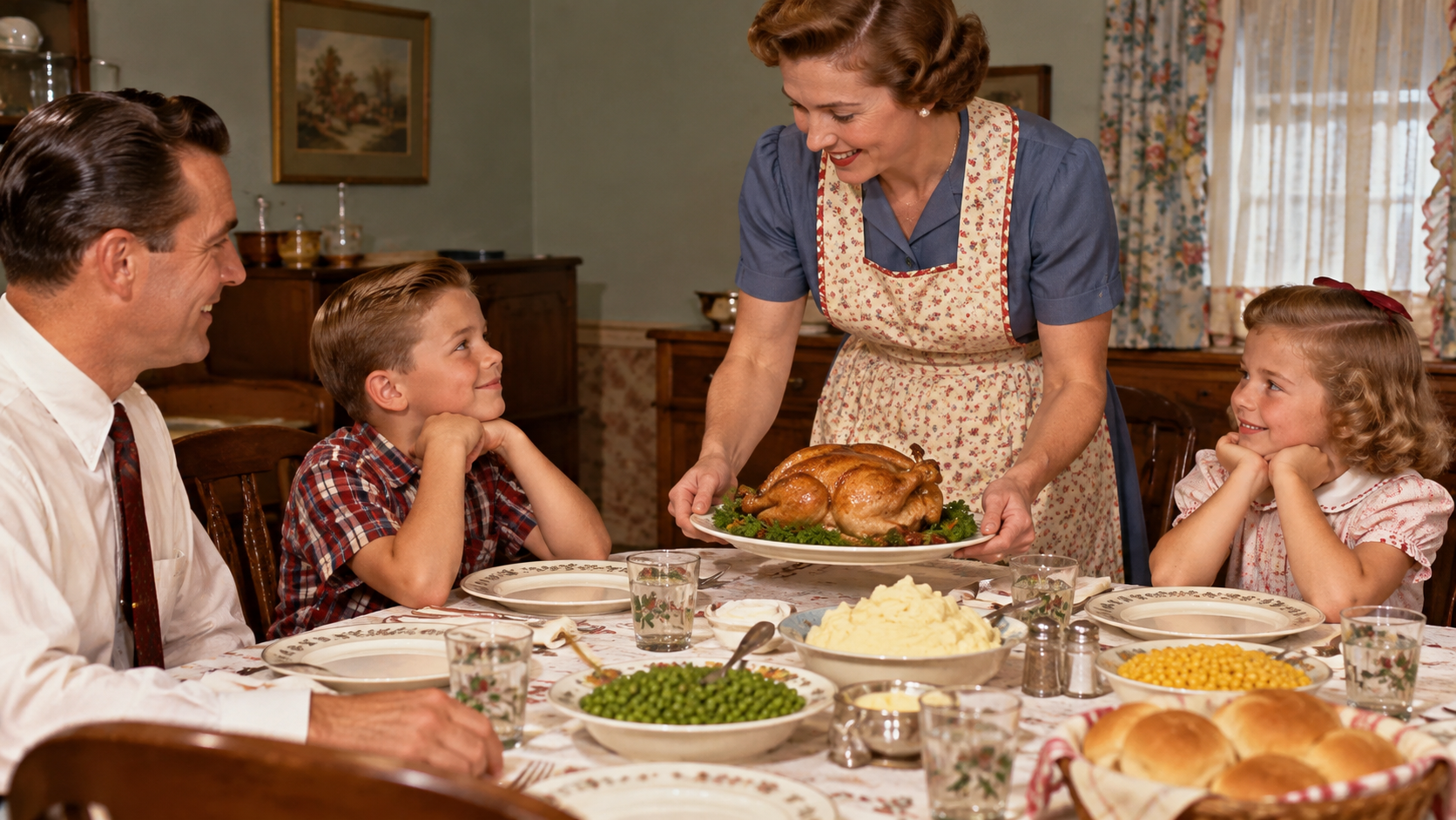 A woman in an apron serves a roasted chicken to a man, a boy, and a girl sitting at a dining table set with various side dishes.