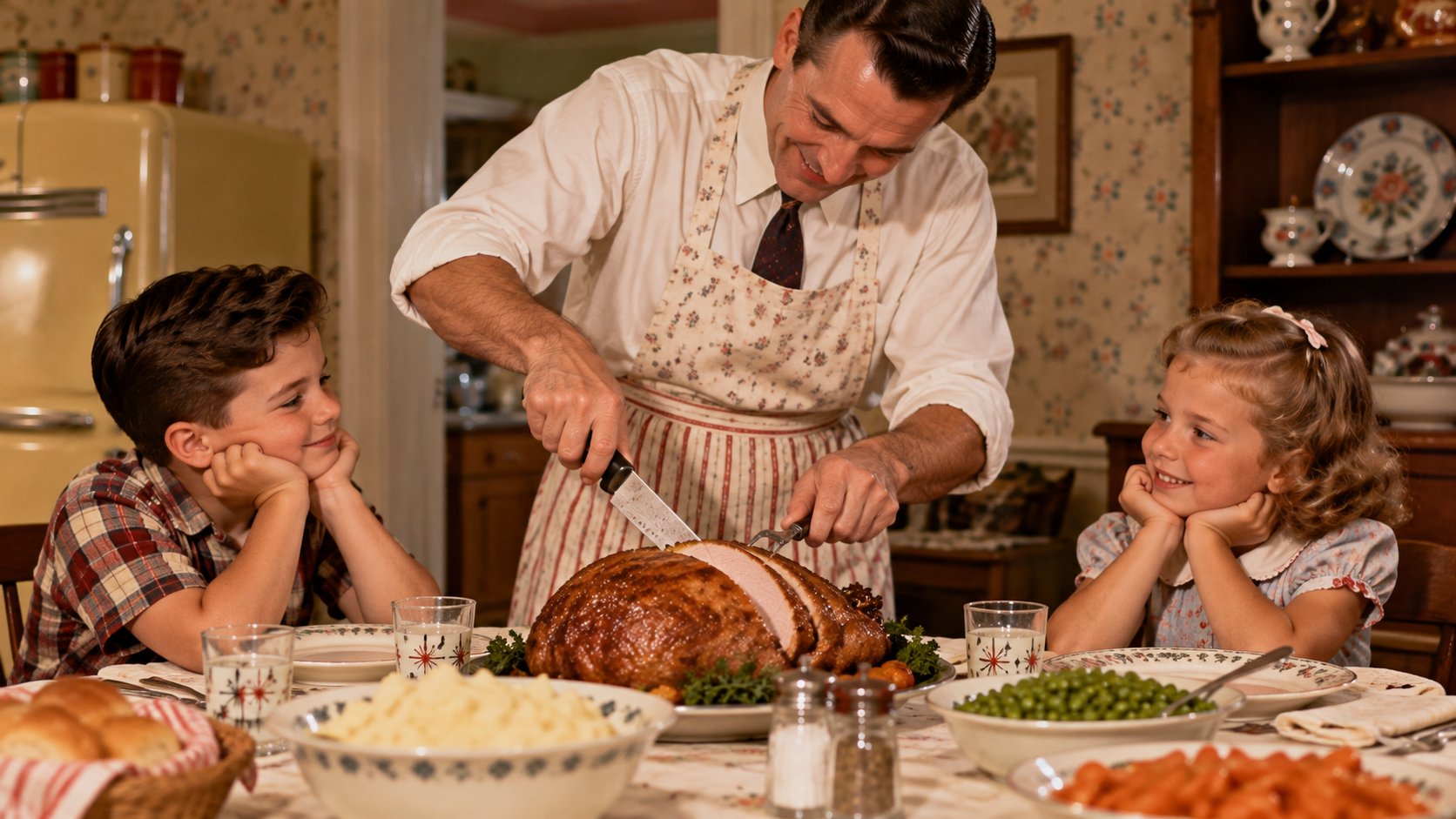 A man in a floral apron carves a roasted ham at a dining table while a young boy and girl watch him, smiling.