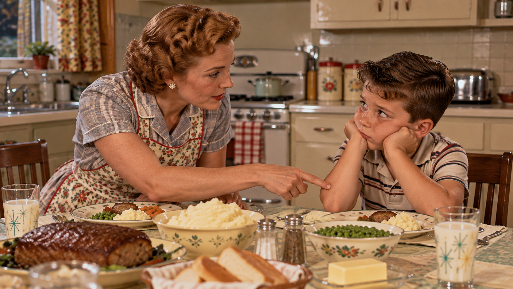 A woman in a vintage apron points a finger at a young boy sitting at a dinner table with his chin resting on his hands.