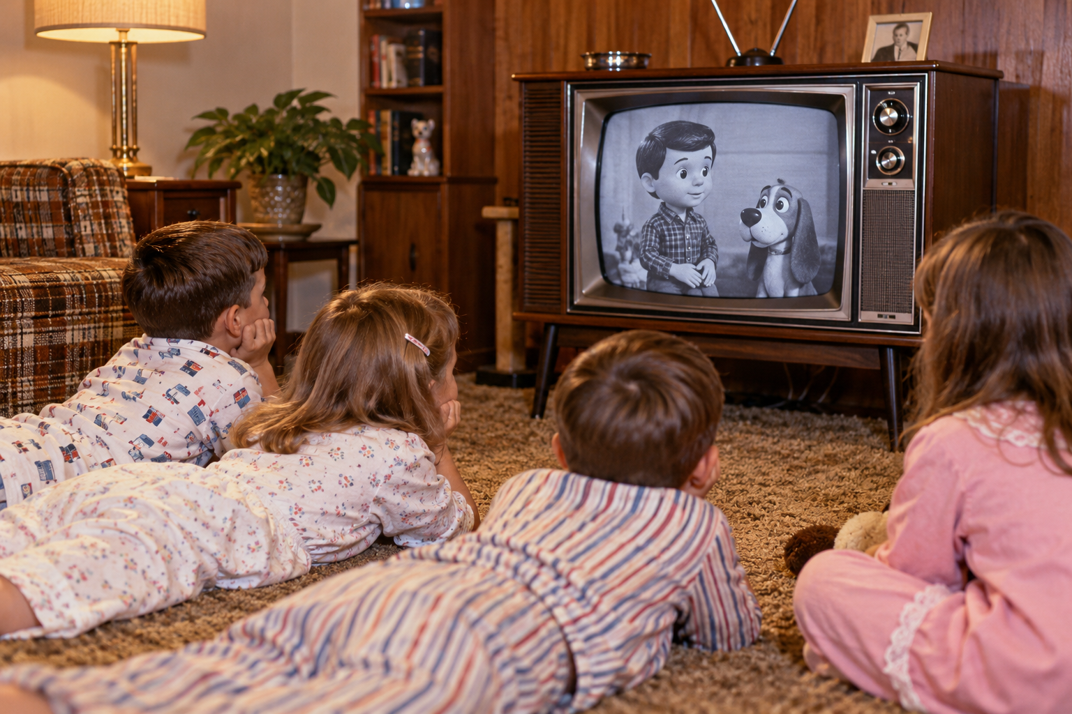 Four children in pajamas lie on a carpeted floor watching a vintage television showing an animated boy and dog.