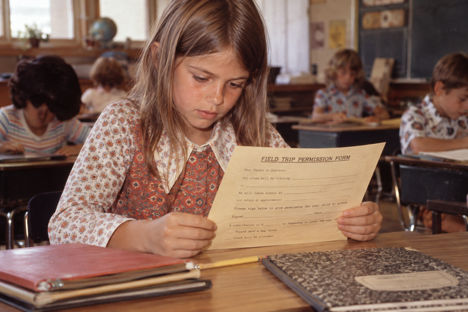 A young student sits at a wooden school desk, intently reading a printed field trip permission form.