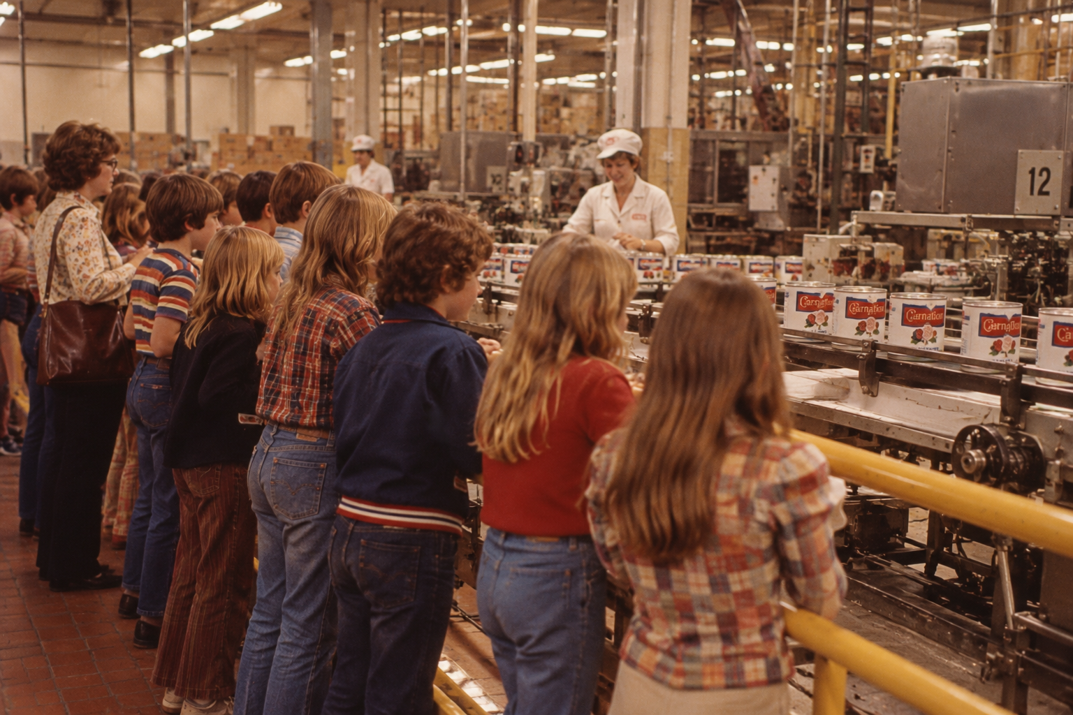 A group of children watch a woman working at a canning factory assembly line, where cans of Carnation milk move along a conveyor belt. 1970s school field trips.