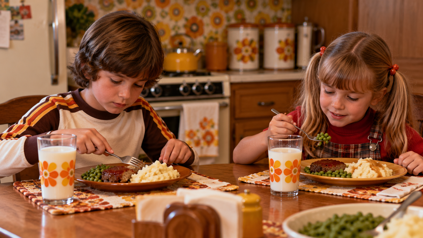 A young boy and girl sitting at a kitchen table eating plates of meatloaf, mashed potatoes, and peas with glasses of milk.