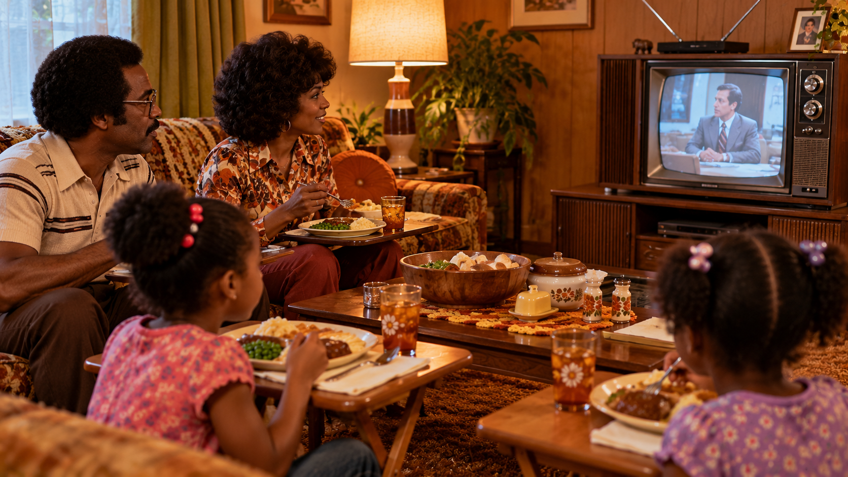 A family of four eats dinner while watching a news broadcast on a vintage television in a living room.