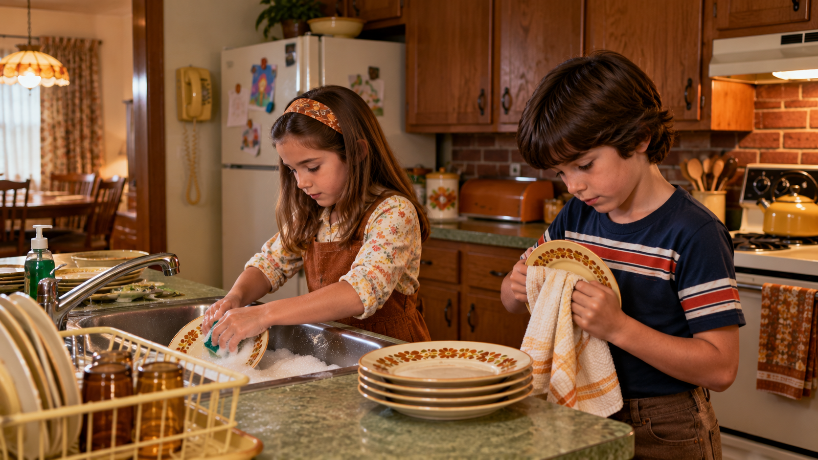 A young girl washes a plate in a kitchen sink while a boy dries another plate with a cloth next to her.