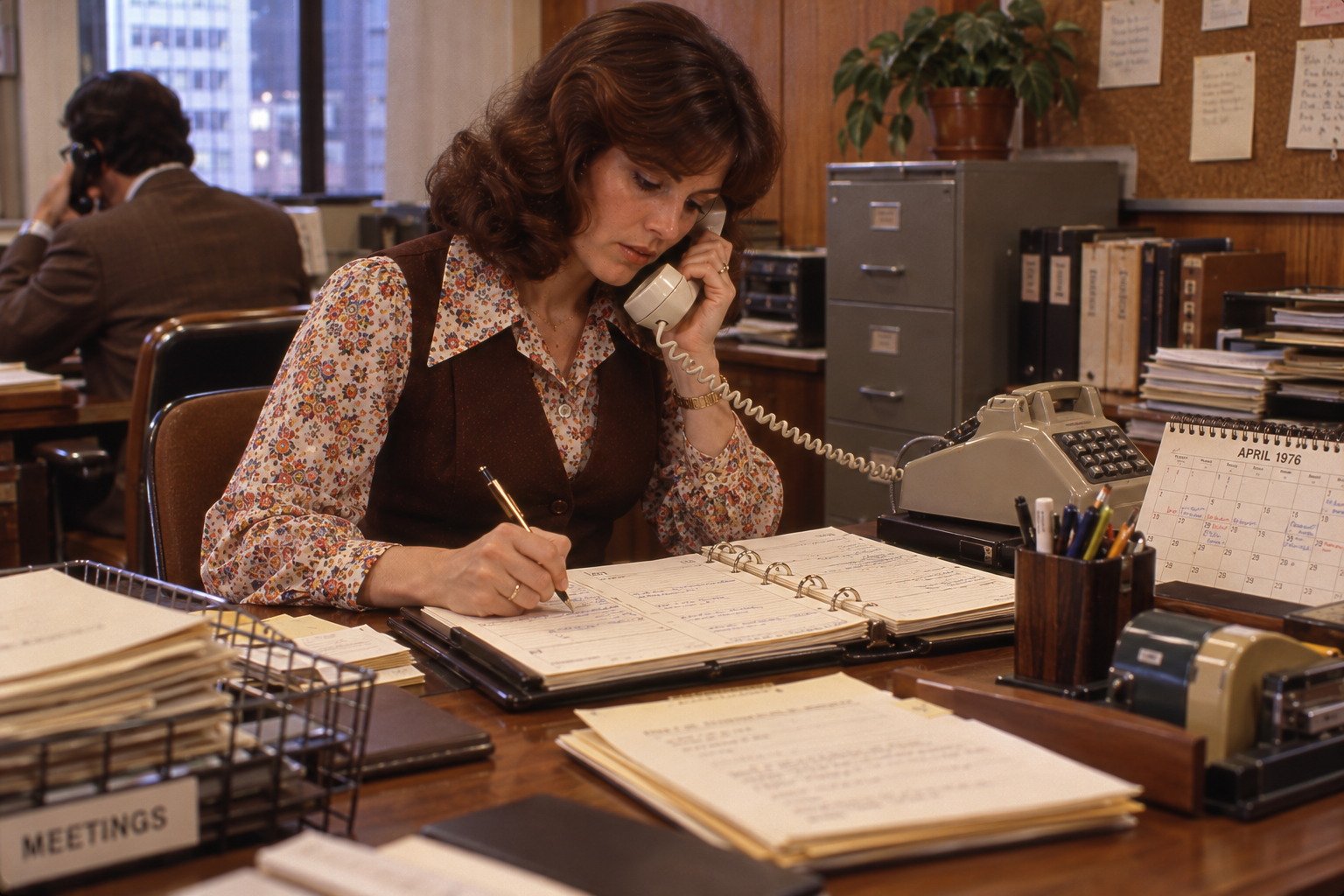 A woman at an office desk writes in a planner while talking on a telephone, with an April 1976 calendar visible nearby.