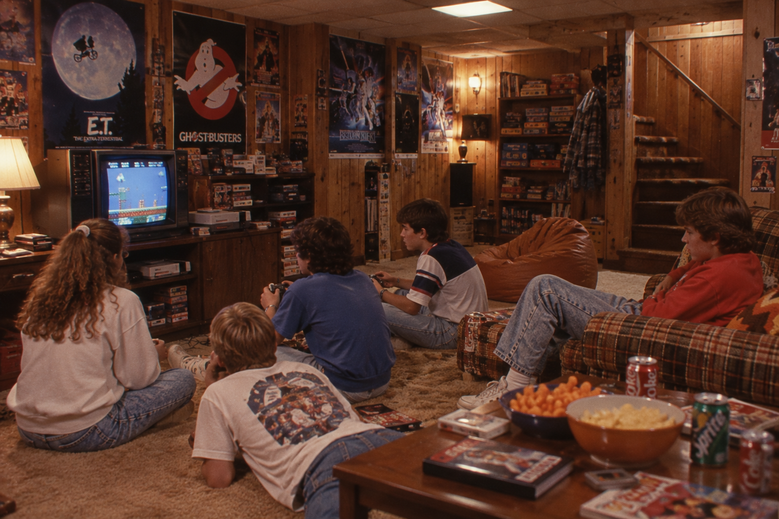 A group of teenagers sits in a wood-paneled basement playing a vintage video game on a television screen, surrounded by 1980s movie posters and snacks.