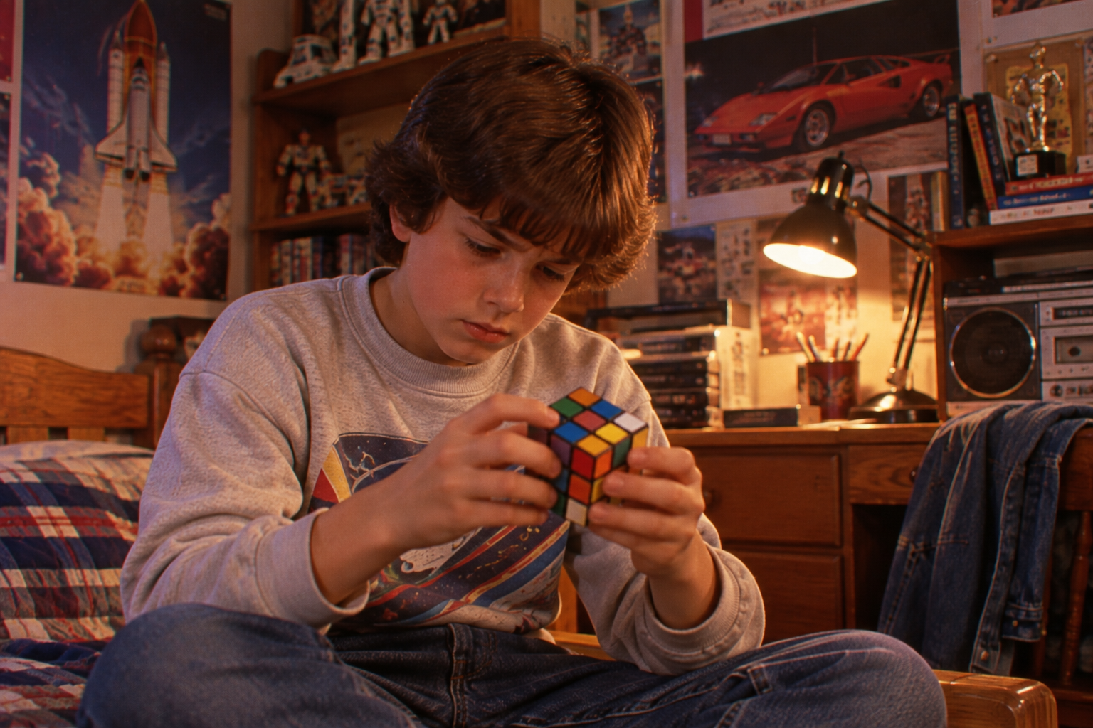 A boy in a retro-themed bedroom concentrates on solving a Rubik’s Cube. The room has model rockets, posters, trophies, and a desk lamp, evoking an atmosphere from the 1980s.