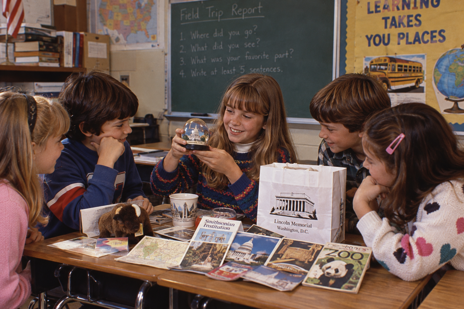 Five children sit around a school desk looking at souvenirs and a snow globe from a Smithsonian field trip.