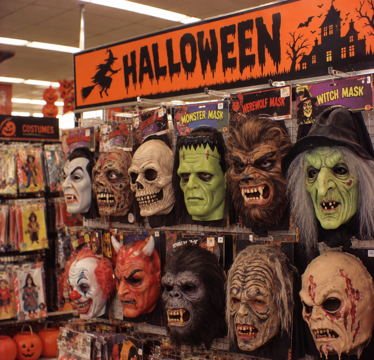 A retail display of Halloween masks including a vampire, skull, Frankenstein’s monster, werewolf, witch, clown, devil, and various creatures hanging on hooks under a sign reading “HALLOWEEN.”