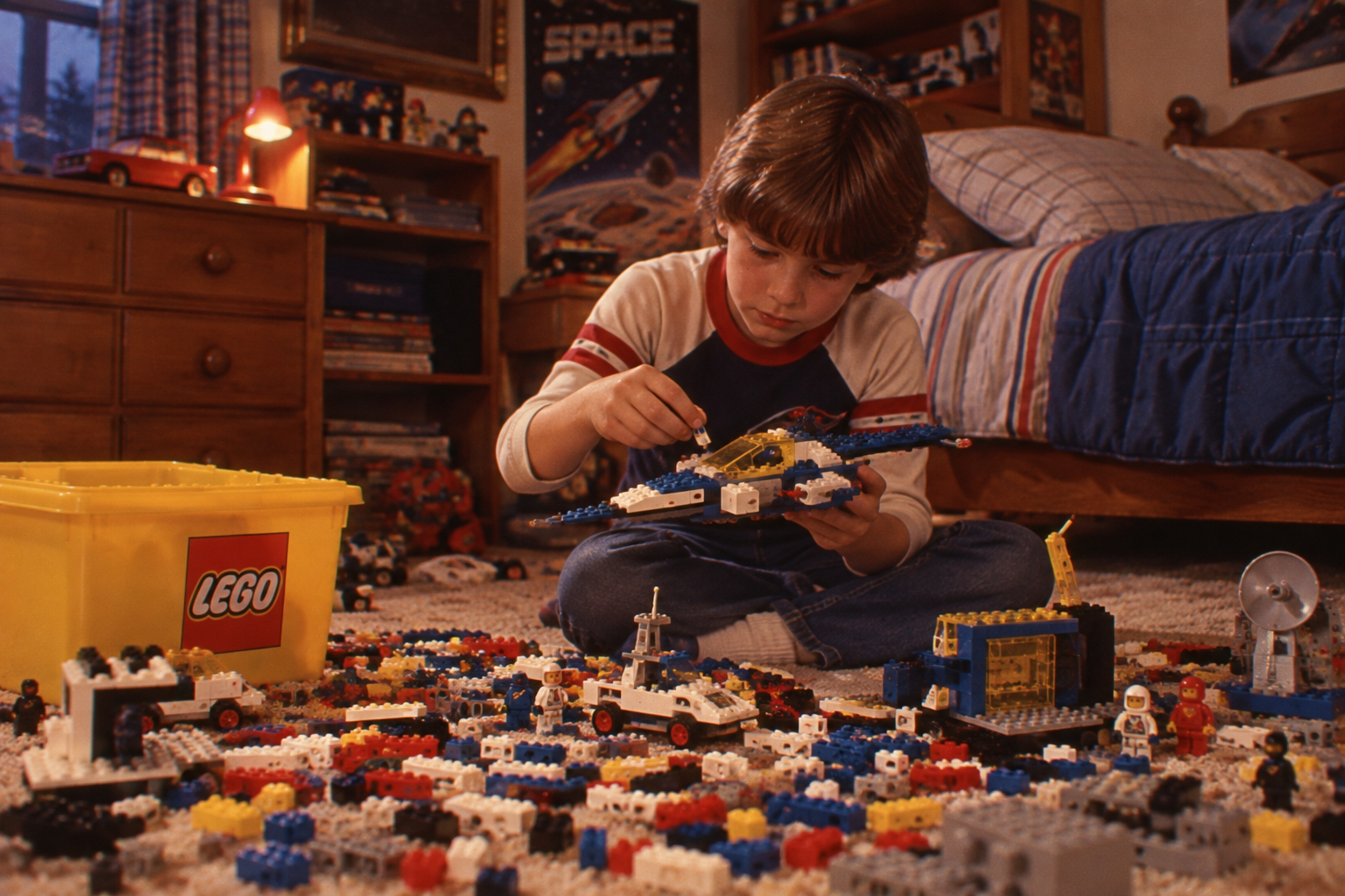 A child sits cross-legged on a bedroom floor, focused on building with LEGO bricks. A large yellow LEGO bin and various LEGO creations are scattered around. The cozy room has posters and a neatly made bed in the background.