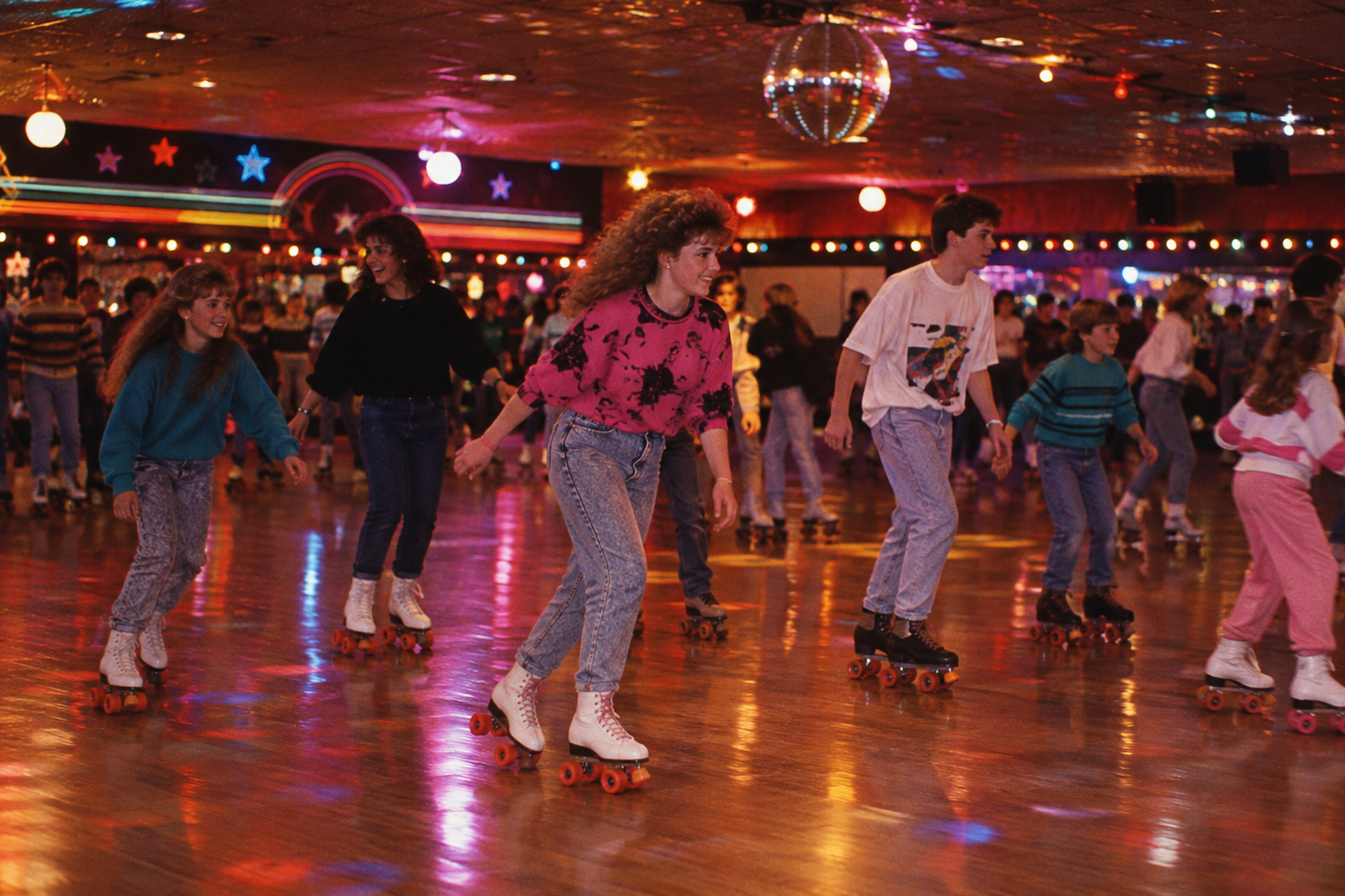 A group of teenagers roller skating on a rink with a disco ball overhead.