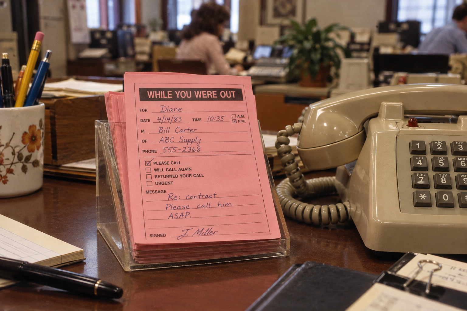 A pink “While You Were Out” message slip on a desk, reading: “For Diane, 4/14/83, 10:35 AM, from Bill Carter of ABC Supply, 555-2368, please call, message: Re: contract, Please call him ASAP, signed J. Miller.”
