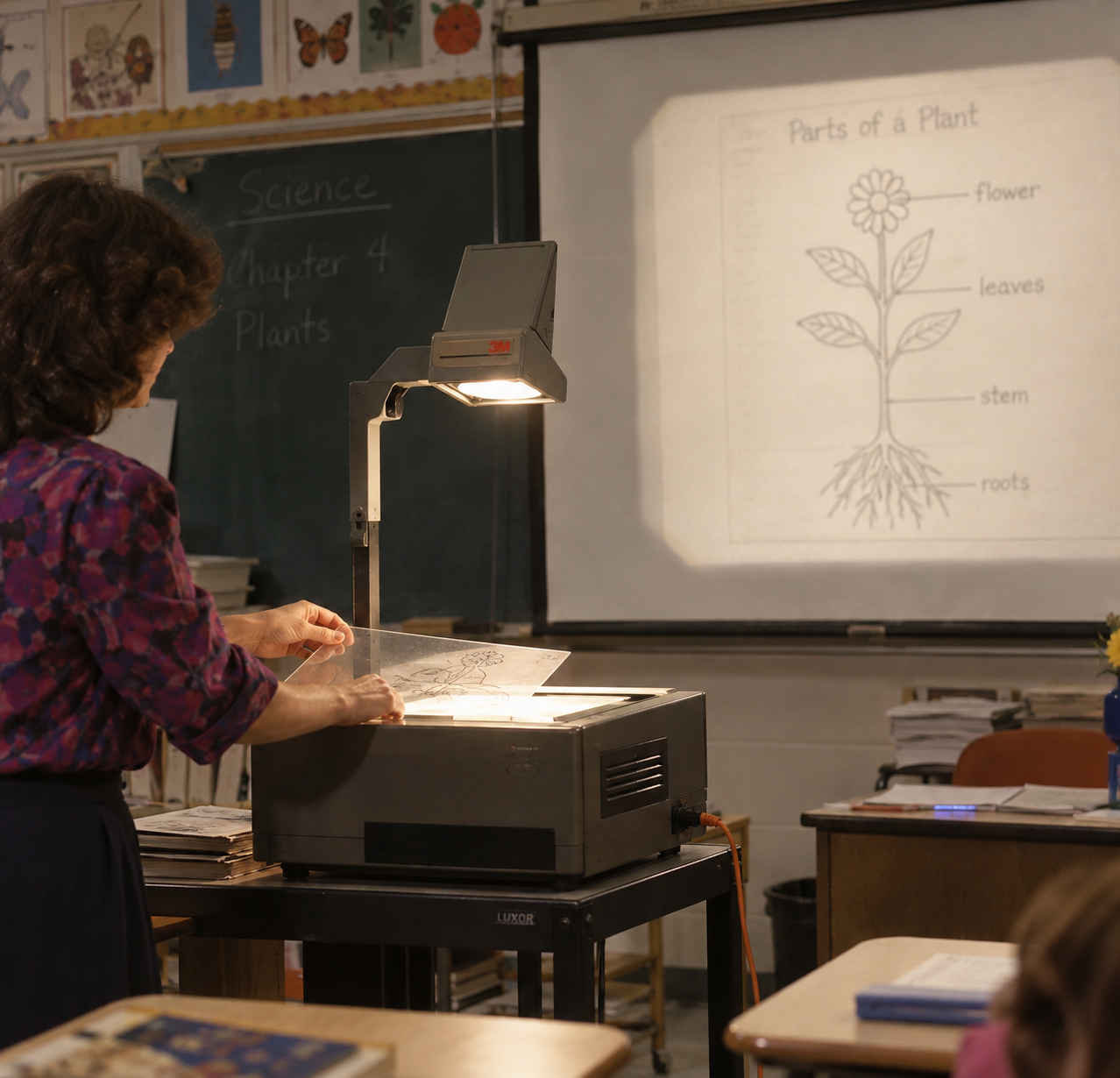A teacher places a transparency on an overhead projector displaying a diagram of plant parts on a screen.