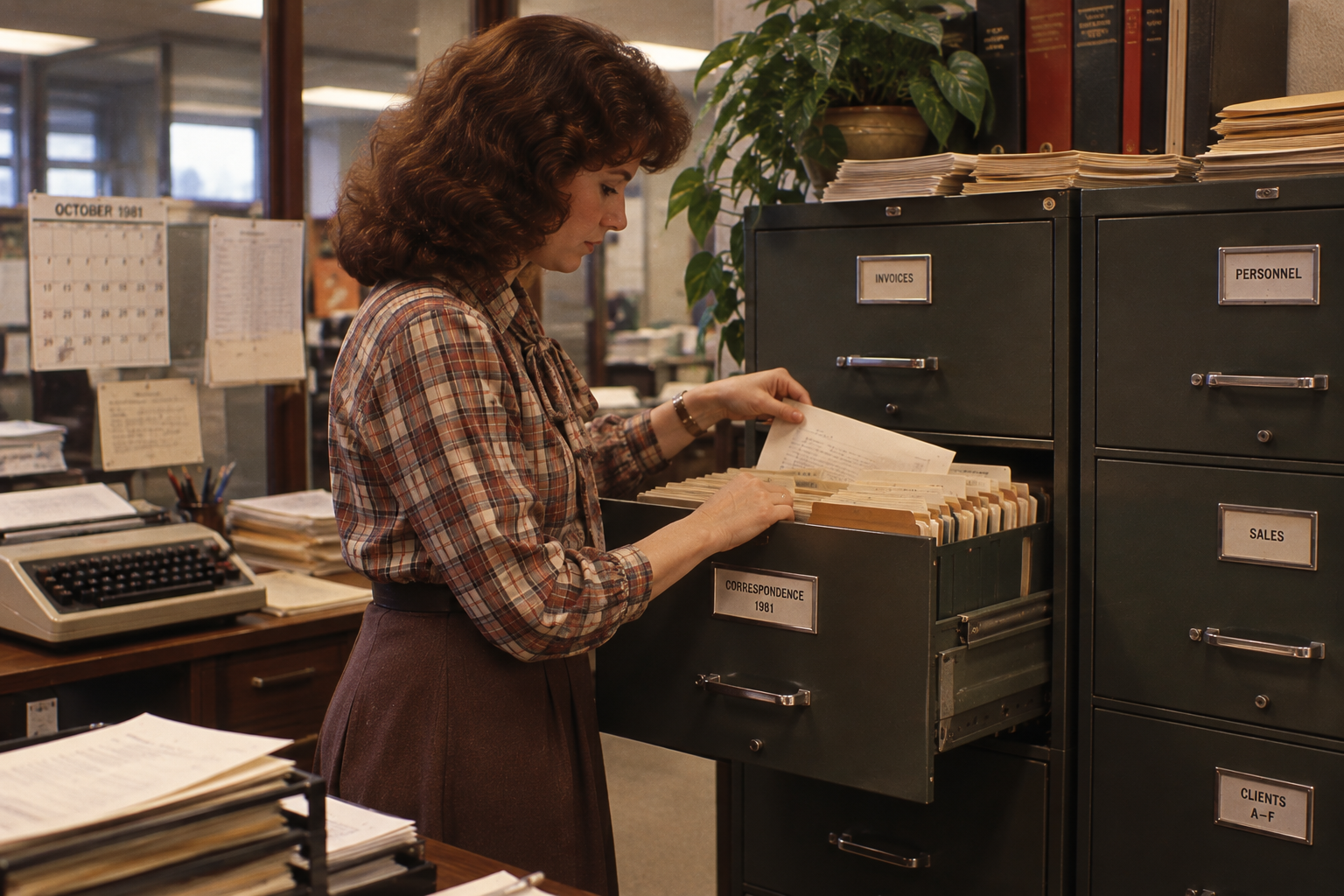 A woman in a plaid shirt files a document into an open drawer labeled “Correspondence 1981” in an office filing cabinet.