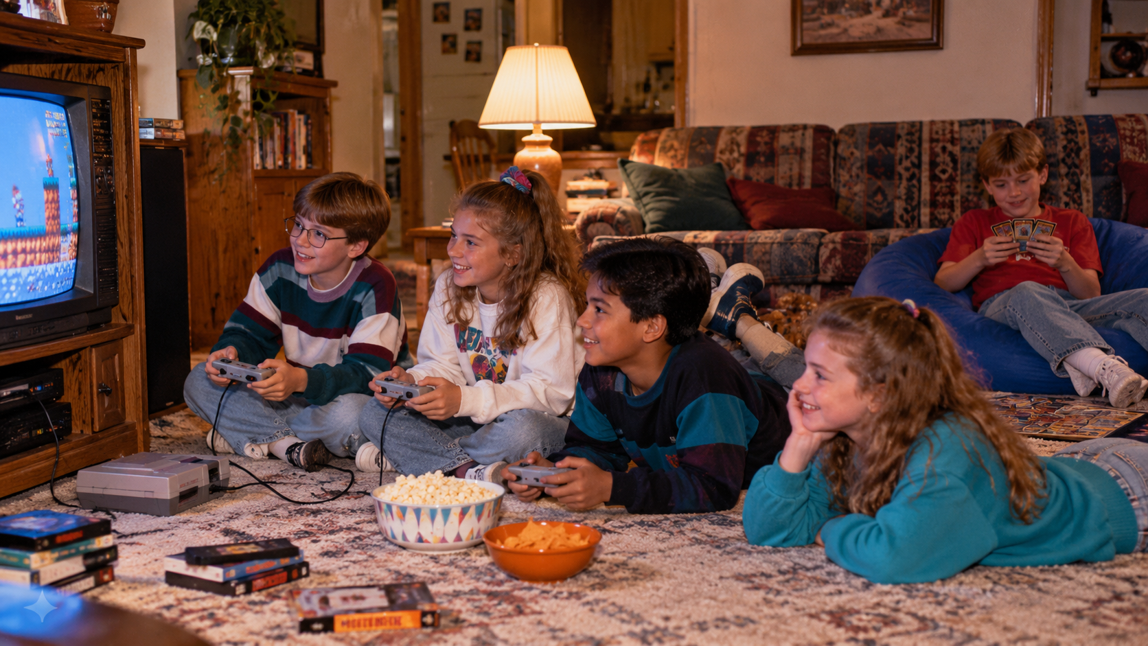 Four children sit on a living room floor playing a retro video game console, with a bowl of popcorn and snacks between them, while another child sits on a beanbag chair holding playing cards.