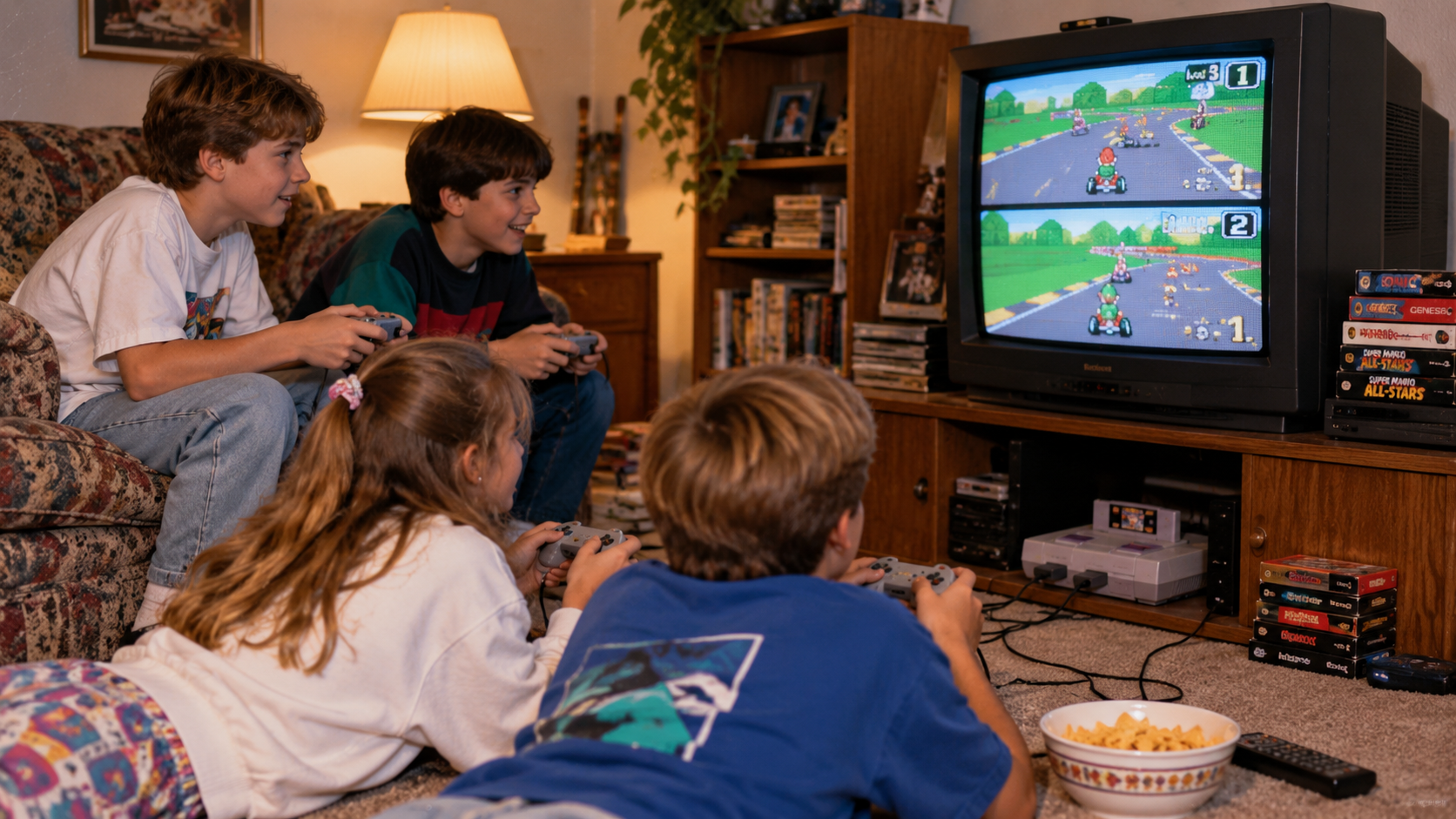 Four children sit in a living room playing a split-screen racing video game on a console connected to a large box television.