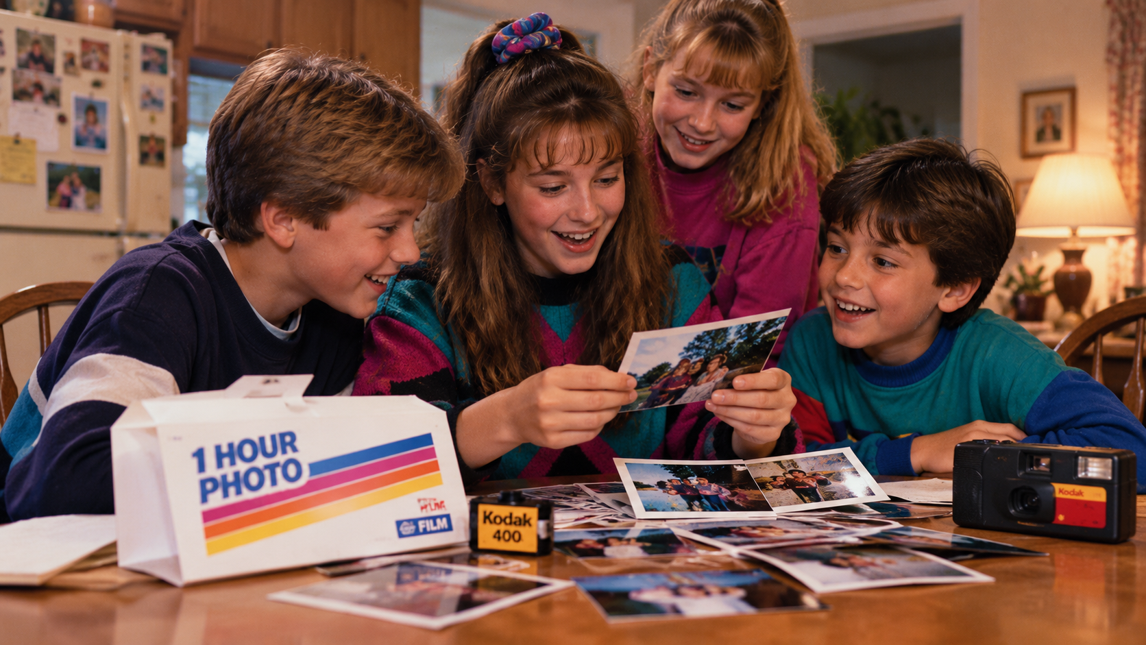 Four children gathered around a kitchen table, smiling as they look at a collection of newly printed photographs from a 1-hour photo envelope.