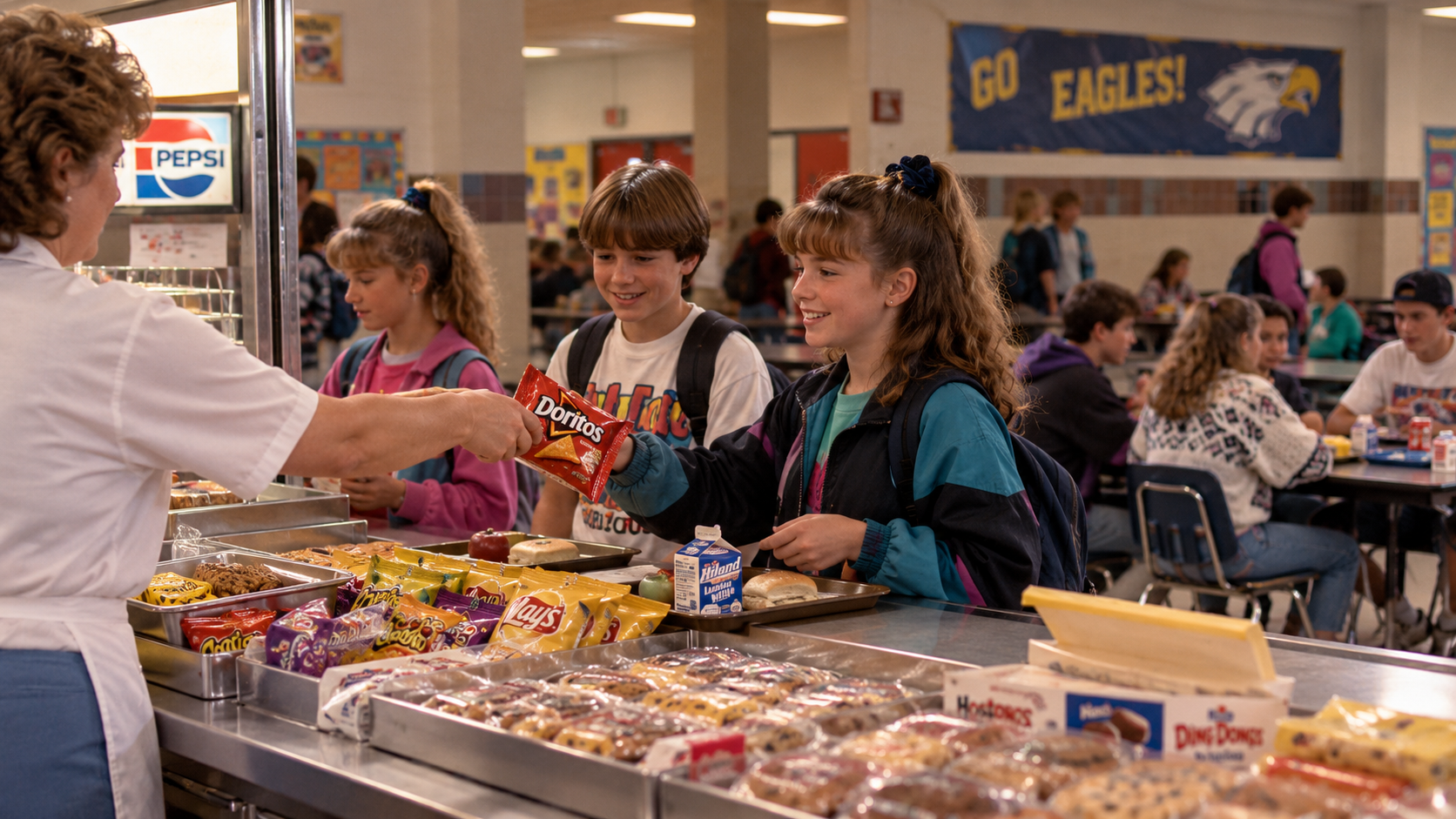 A student in a school cafeteria hands a bag of Doritos to a lunch lady behind a service counter filled with snack foods.