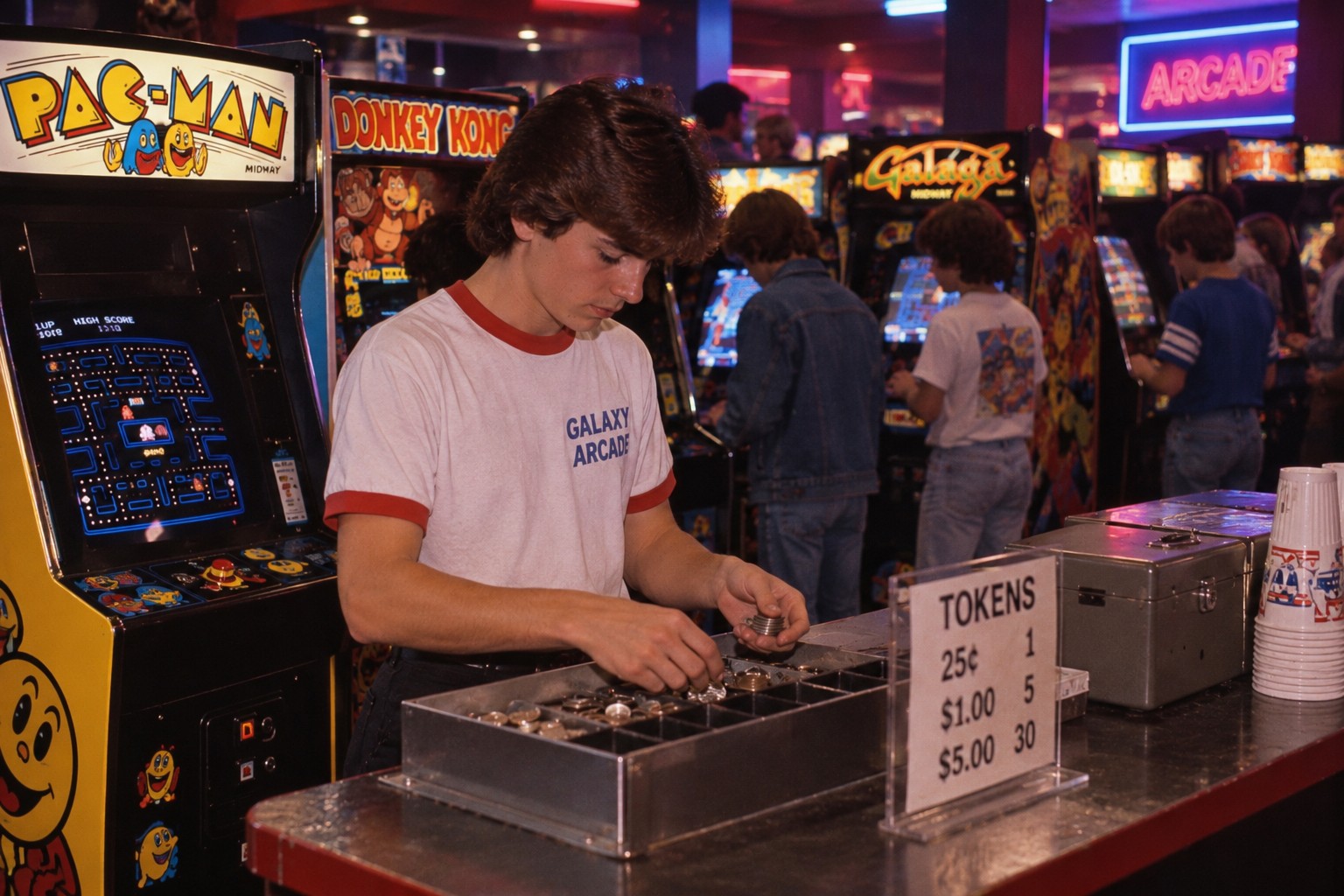 A young person in a Galaxy Arcade t-shirt counts tokens from a metal tray at an arcade counter, with a Pac-Man machine nearby and a sign listing token prices.