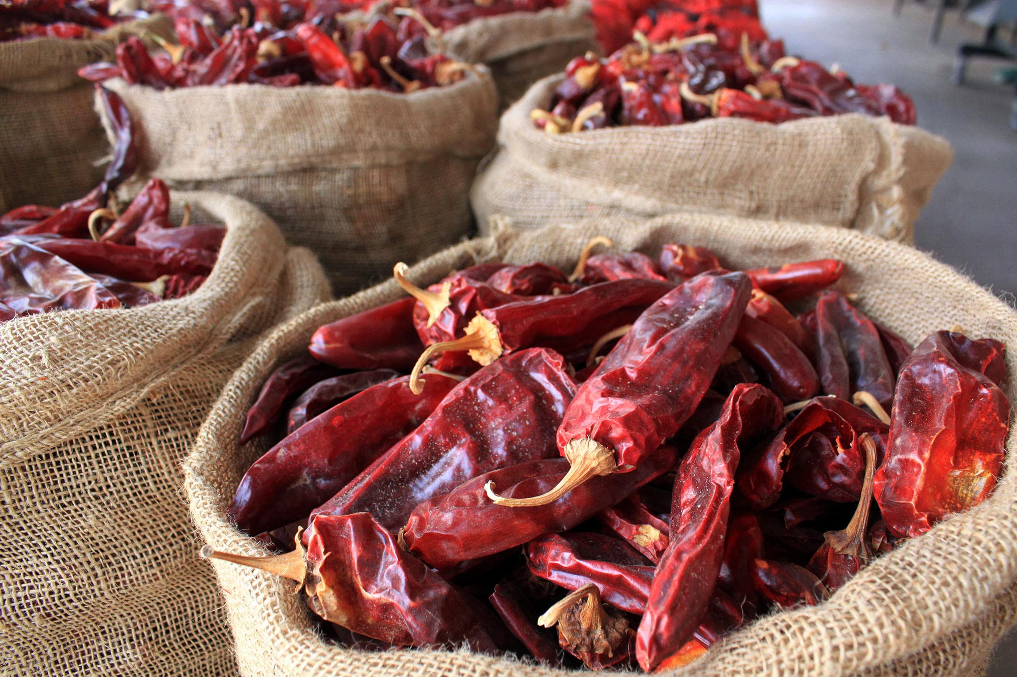 Burlap sacks filled with dried red chili peppers, the best souvenir.