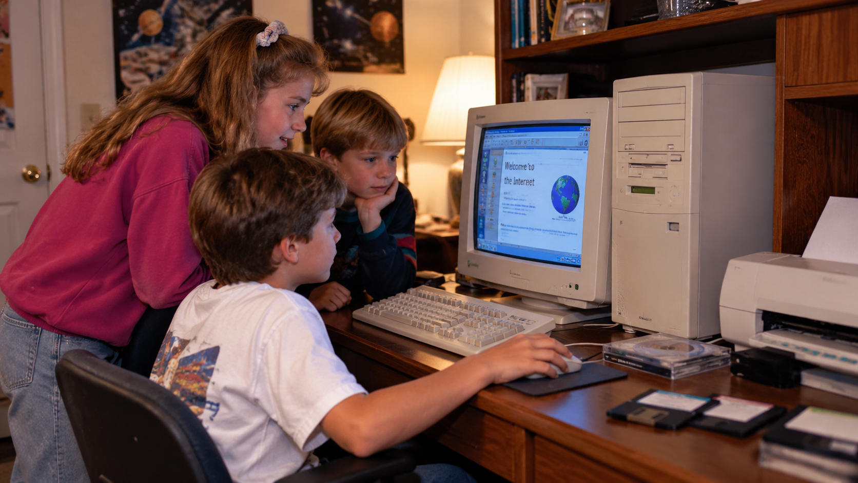 Three children sit at a desk watching a computer screen that displays a “Welcome to the Internet” webpage.