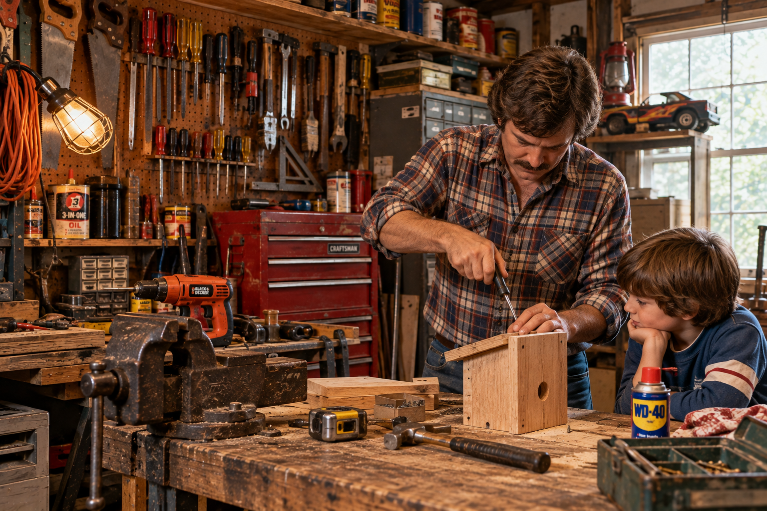 A man in a plaid shirt teaches a young boy how to use a screwdriver to build a wooden birdhouse at a workbench in a garage.