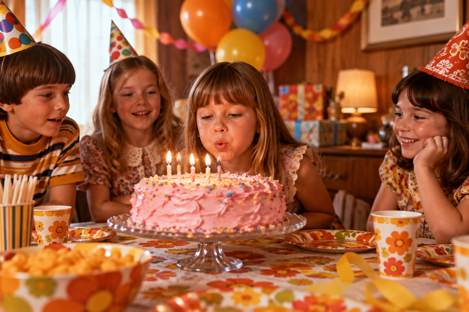 A young girl with blonde hair blows out the candles on a round pink birthday cake during a 1970s birthday party as three other children in party hats watch.